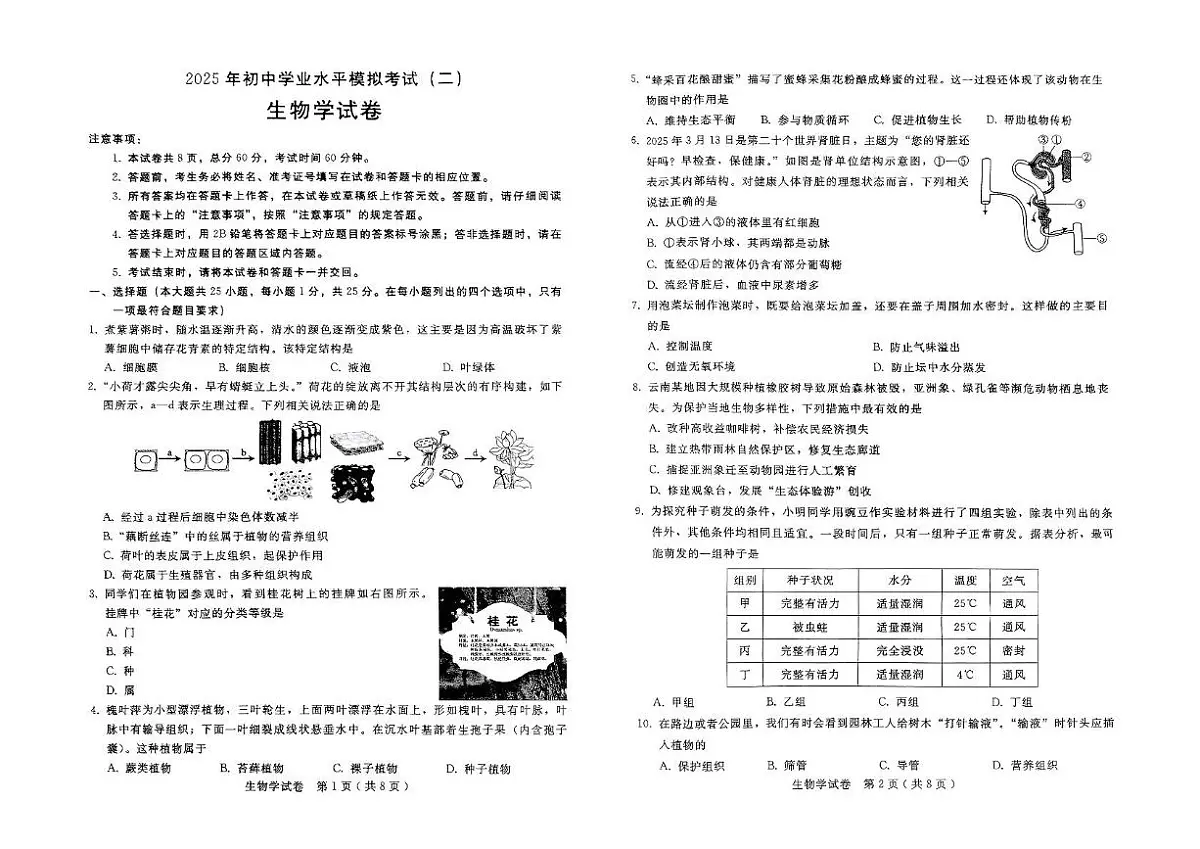 2025年河北省邢台市八年级中考二模生物试卷(中考模拟)第1页