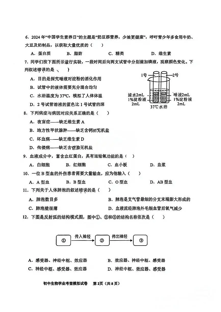 2025年天津市东丽区八年级初中学业考查模拟生物试卷(中考模拟)第2页