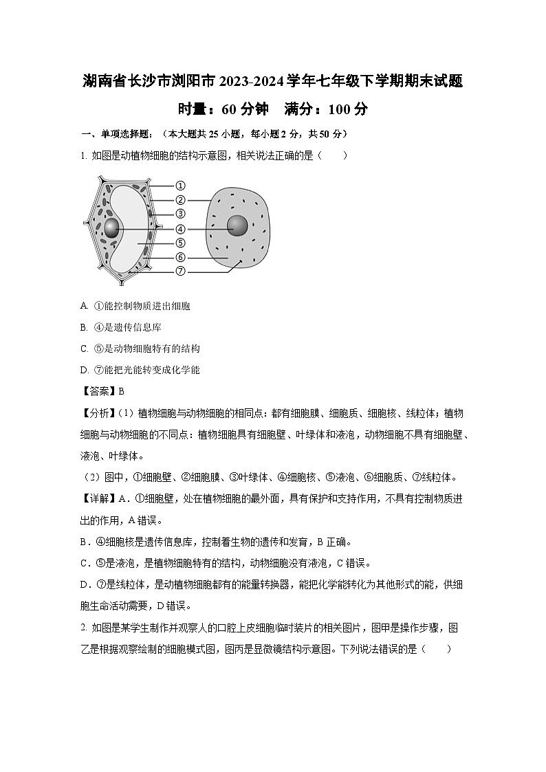湖南省长沙市浏阳市2023-2024学年七年级下学期期末生物试卷(解析版)第1页