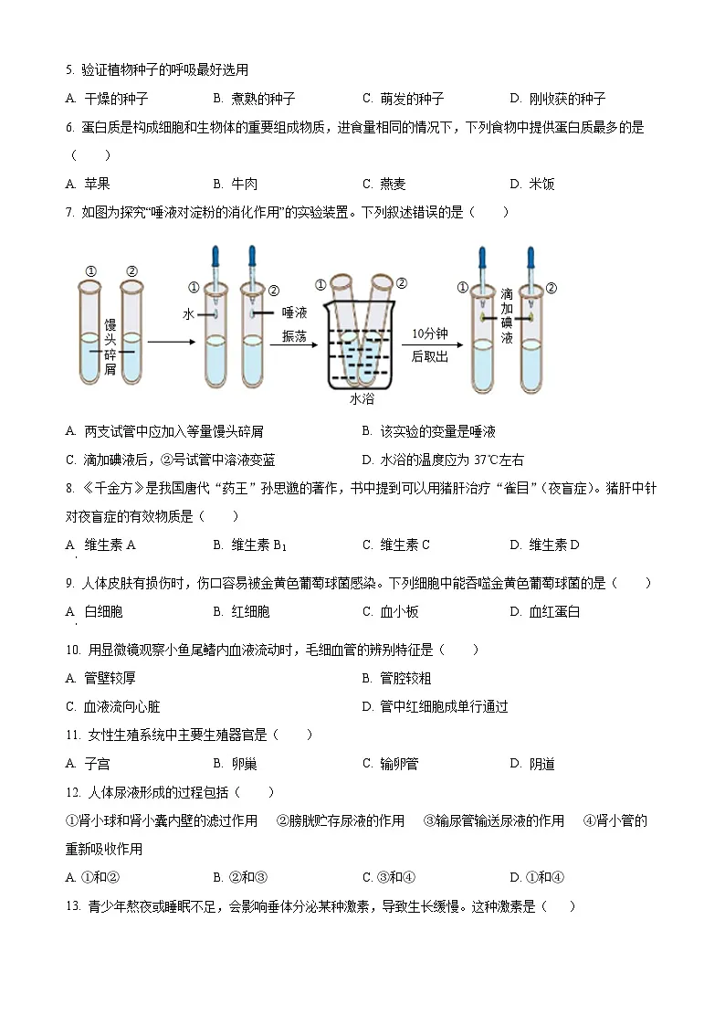 2024年北京市顺义区八年级中考一模生物试题(中考模拟)第2页