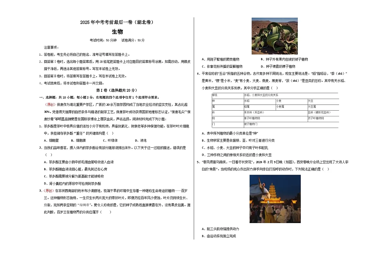 生物(湖北卷)(考试版A3)第1页