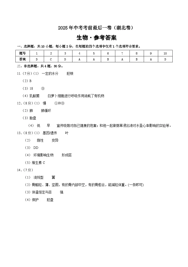 生物(湖北卷)(参考答案)第1页