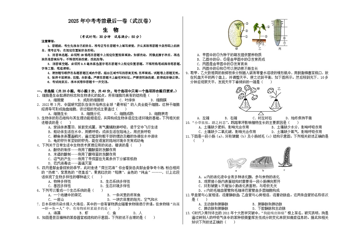 生物(武汉卷)(考试版A3)第1页