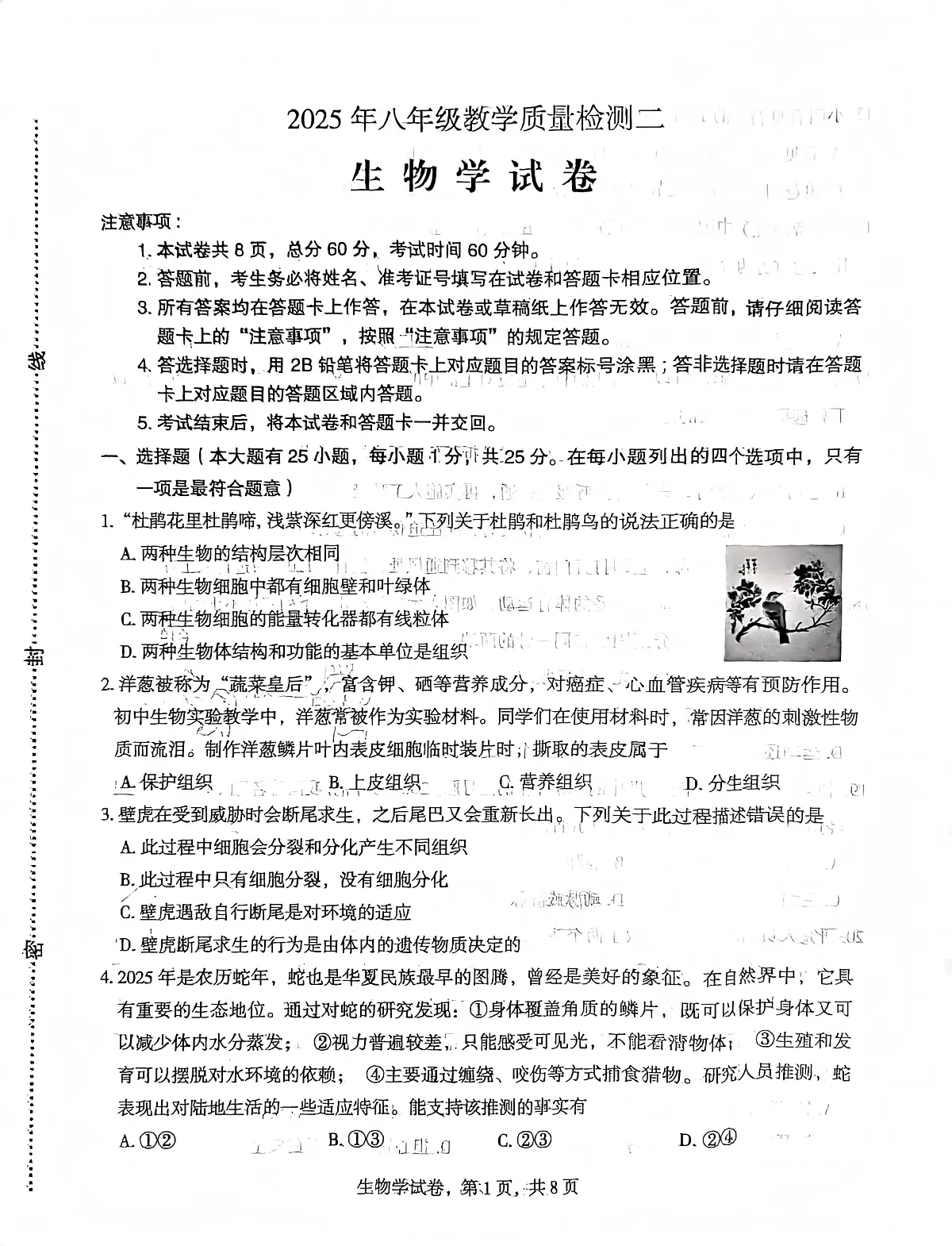 2025年河北省石家庄市八年级二模生物试题第1页