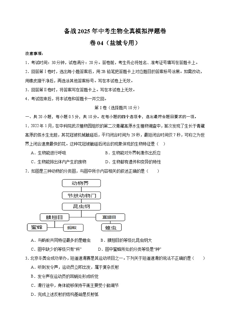 卷04-备战2025年中考生物全真模拟押题卷(盐城卷)第1页