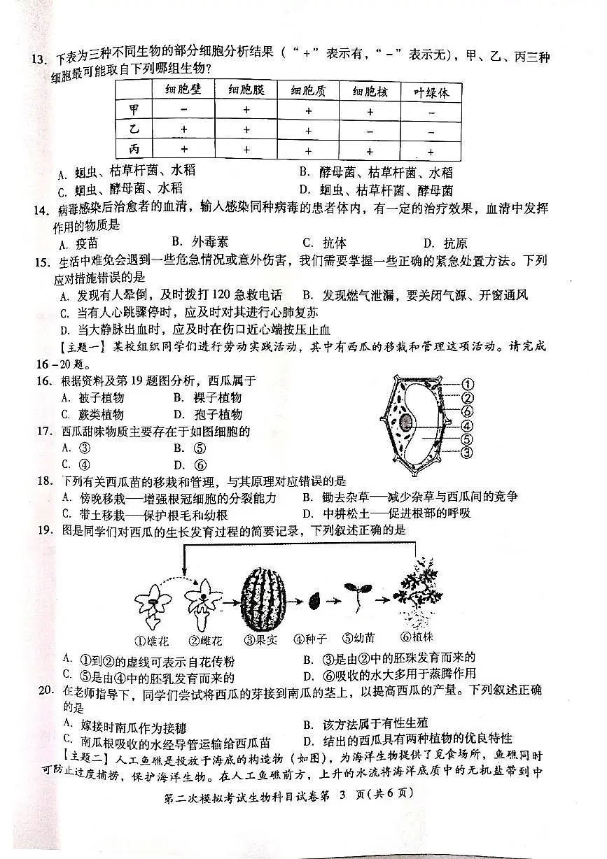 2025年广东省揭阳市榕城区中考第二次模拟考试生物试卷(中考模拟)第3页