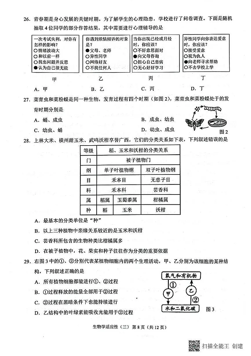 2025年广西来宾市八年级学业水平适应性考试(三)生物试题(中考模拟)第2页