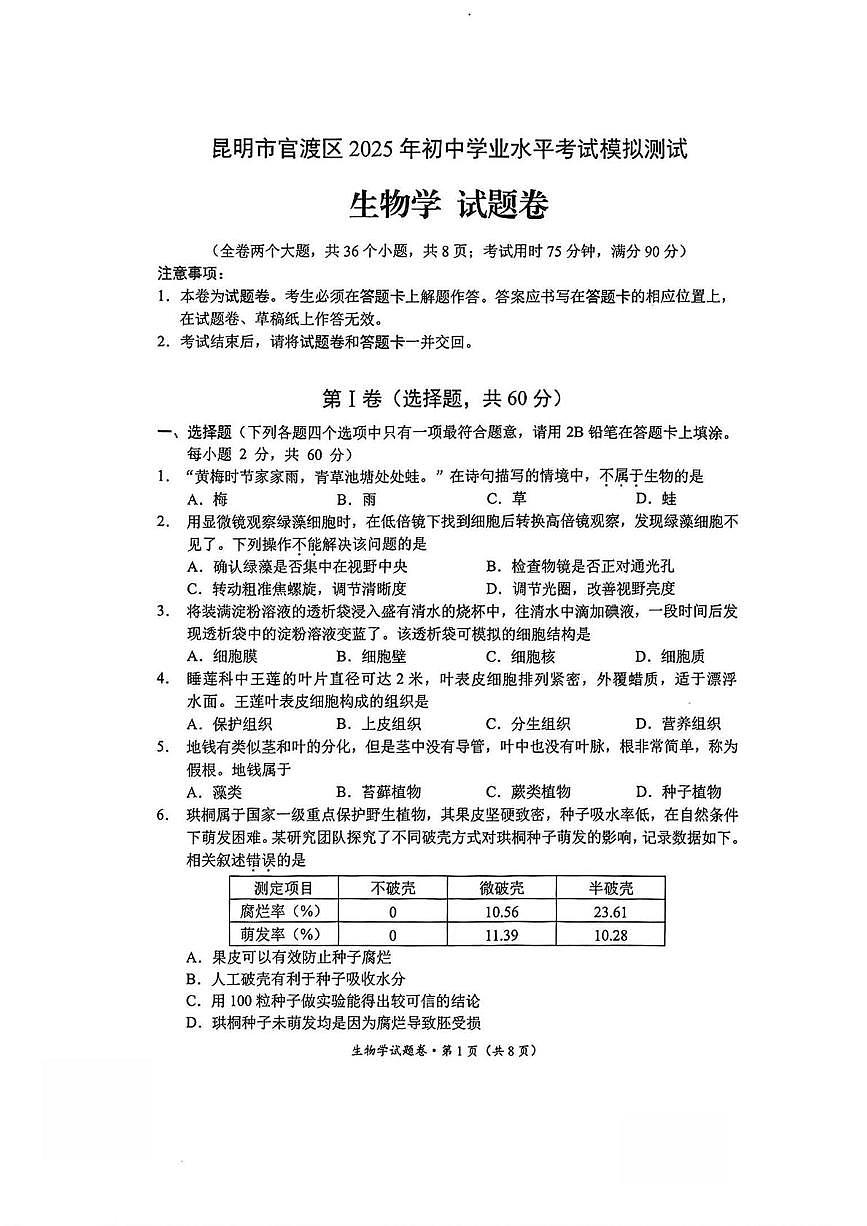 2025年云南省昆明市官渡区八年级中考模拟生物试卷(中考模拟)第1页