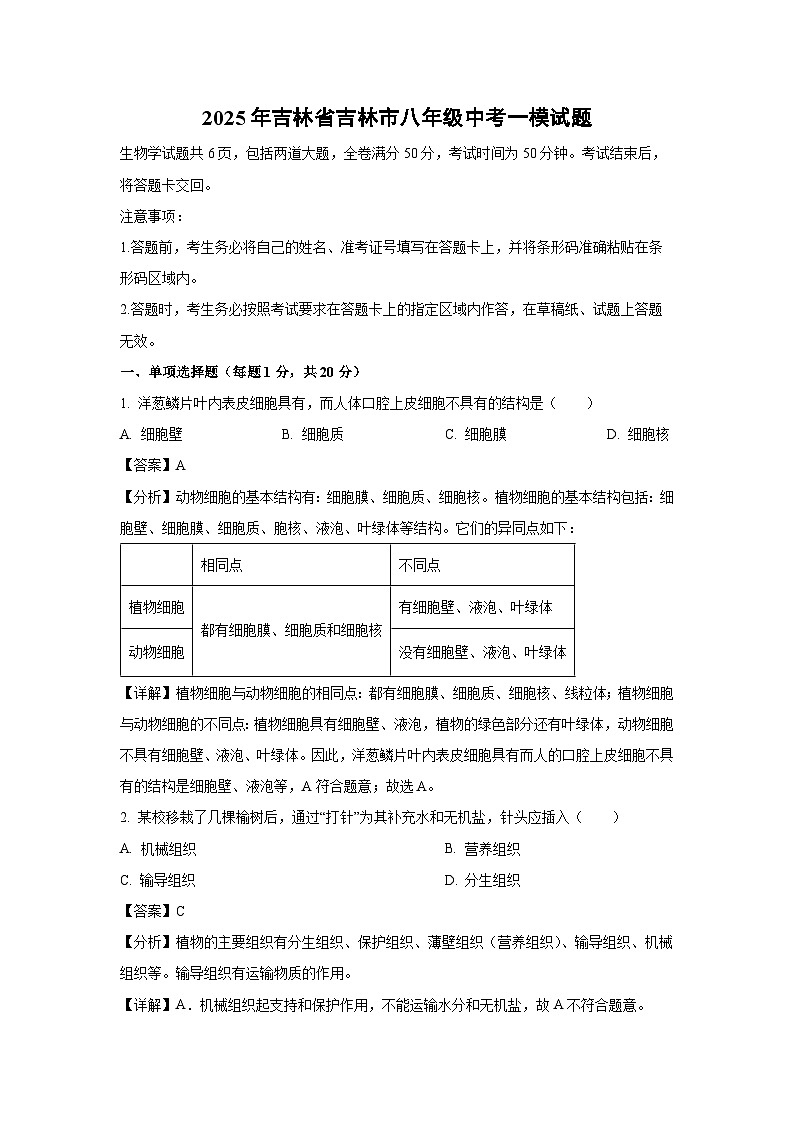 2025年吉林省吉林市八年级中考一模生物试卷(解析版)第1页