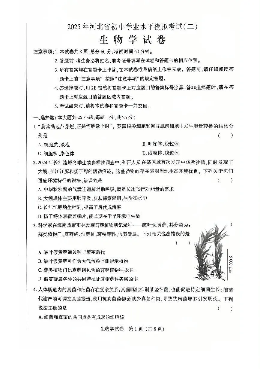 2025年河北省石家庄市第八十一中学中考二模生物试卷第1页