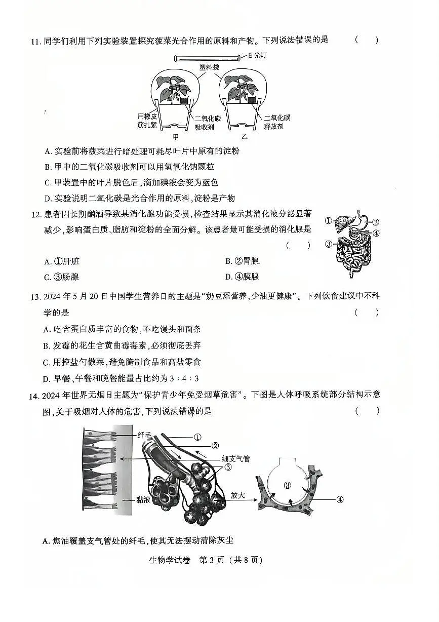 2025年河北省石家庄市第八十一中学中考二模生物试卷第3页