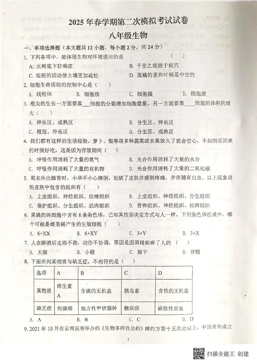 2025年甘肃省张掖市第一中学八年级二模生物试题(中考模拟)第1页