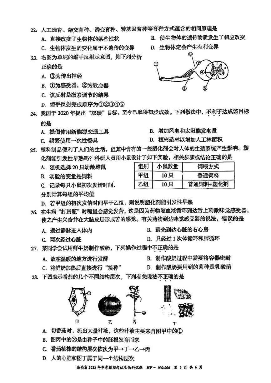 2025年海南省部分学校中考模拟考试生物科试卷六(中考模拟)第3页