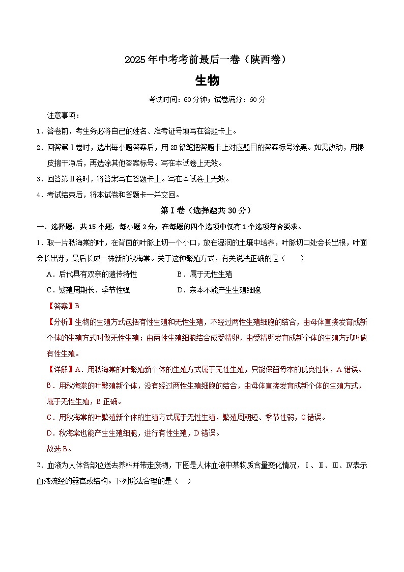 生物(陕西卷)(解析版)第1页