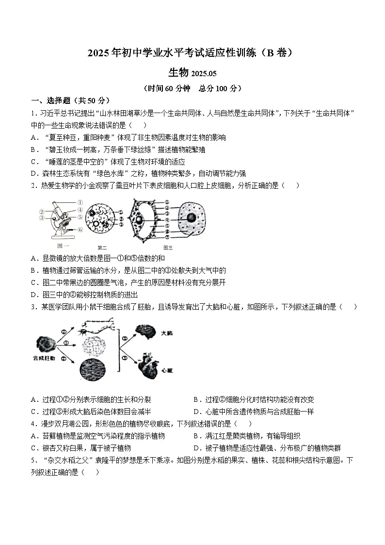 2025年山东省临沂市沂河新区八年级中考二模生物试题B卷(中考模拟)第1页