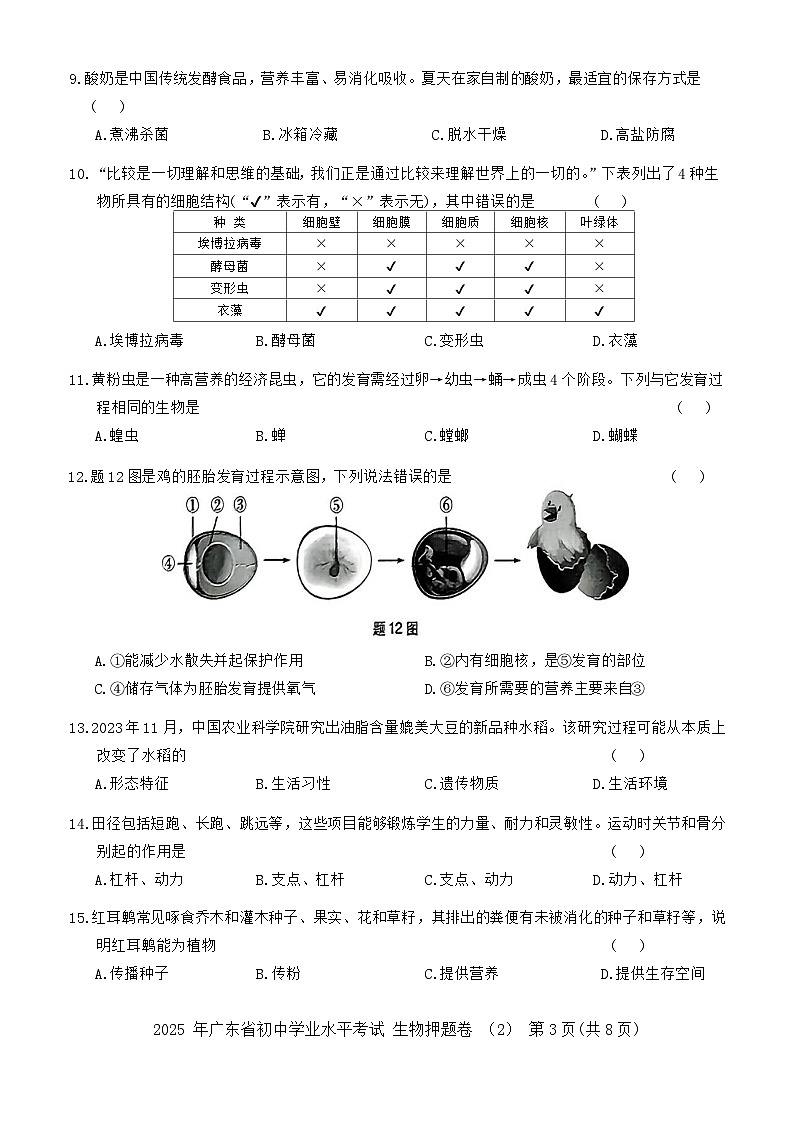 2025年广东省初中学业水平考试生物押题卷2(含答案)第3页