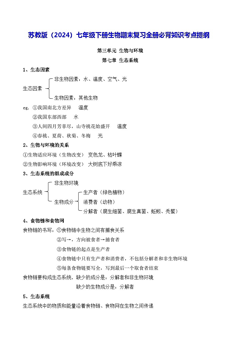 苏教版(2024)七年级下册生物期末复习全册必背知识考点提纲 学案第1页