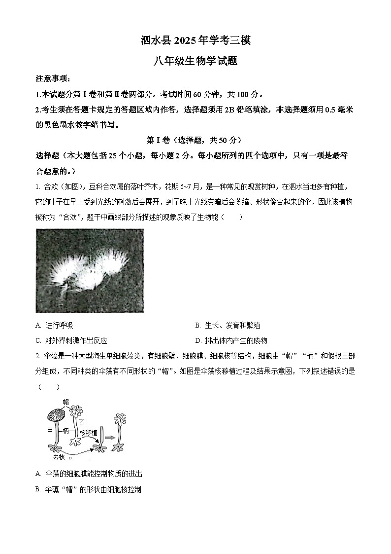 2025年山东省济宁市泗水县八年级中考三模生物试题(中考模拟)第1页