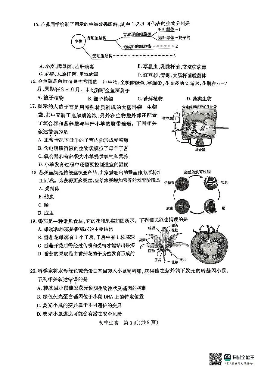 2025年江苏省苏州市初中结业考试生物卷(PDF版,含答案)第3页