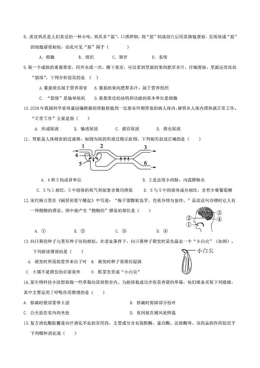 四川省荣县中学校2024-2025学年八年级下学期6月月考生物试题第2页