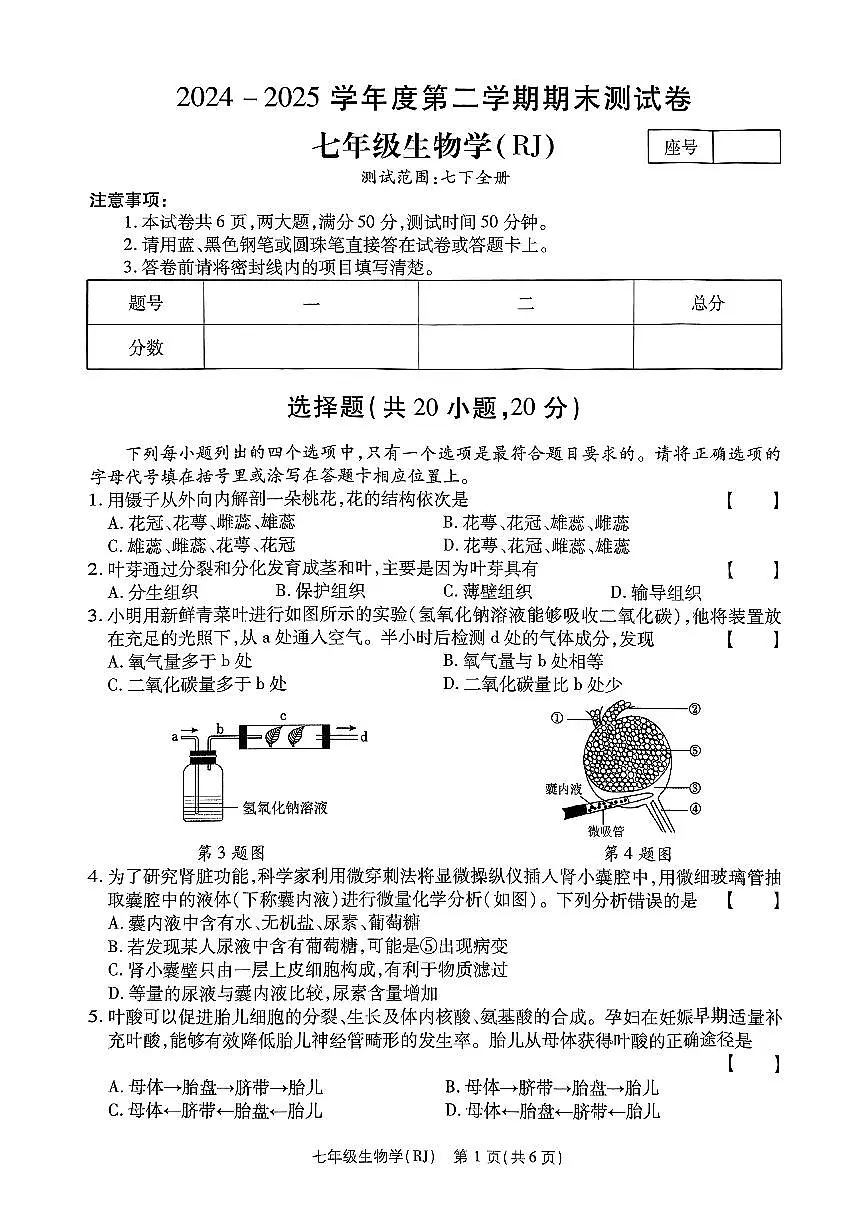河南省濮阳市清丰县仙庄镇初级中学2024-2025学年七年级下学期6月期末 生物试题第1页