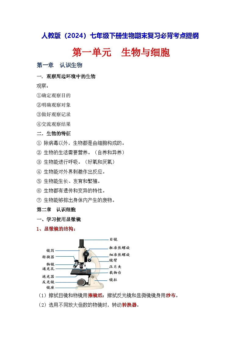 人教版(2024)七年级下册生物期末复习必背考点提纲 学案第1页