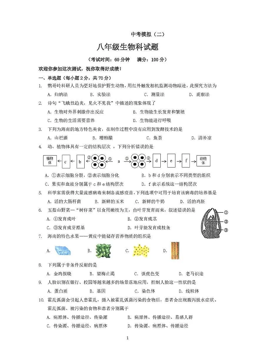 2025年海南省琼海某校八年级中考模拟(二)生物试题第1页