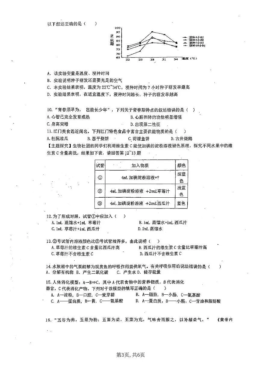 广东省江门市蓬江区省实学校2024-2025学年七年级下学期6月份月考生物试题第3页