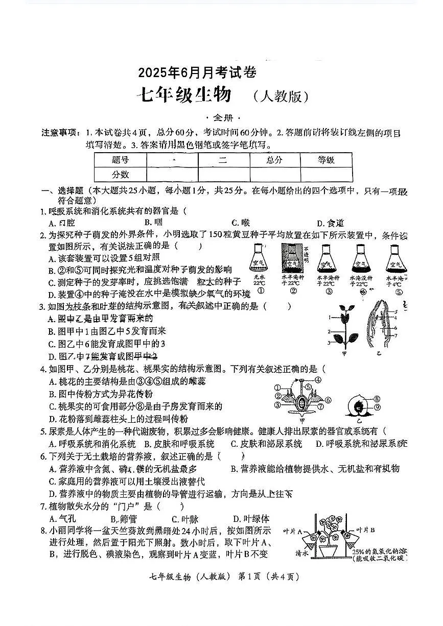 河北省唐山市滦南县两校联考2024-2025学年七年级下学期6月份月考生物试题第1页