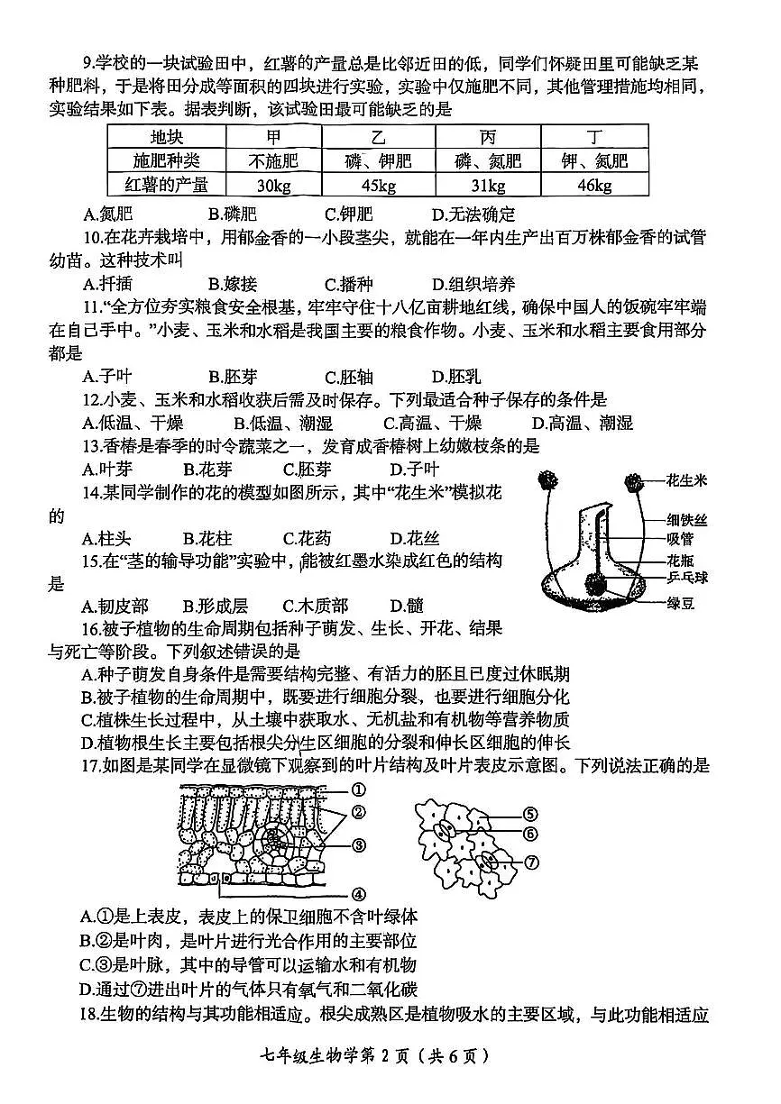 2025年洛阳市七年级下学期期末生物试卷第2页