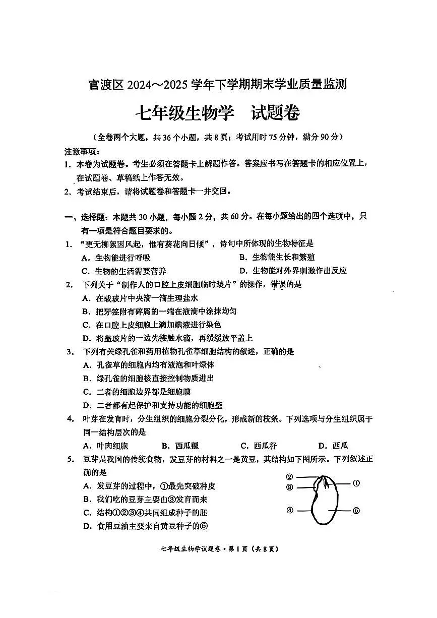 云南省昆明市官渡区2024-2025学年第二学期七年级生物期末试卷(无答案)第1页