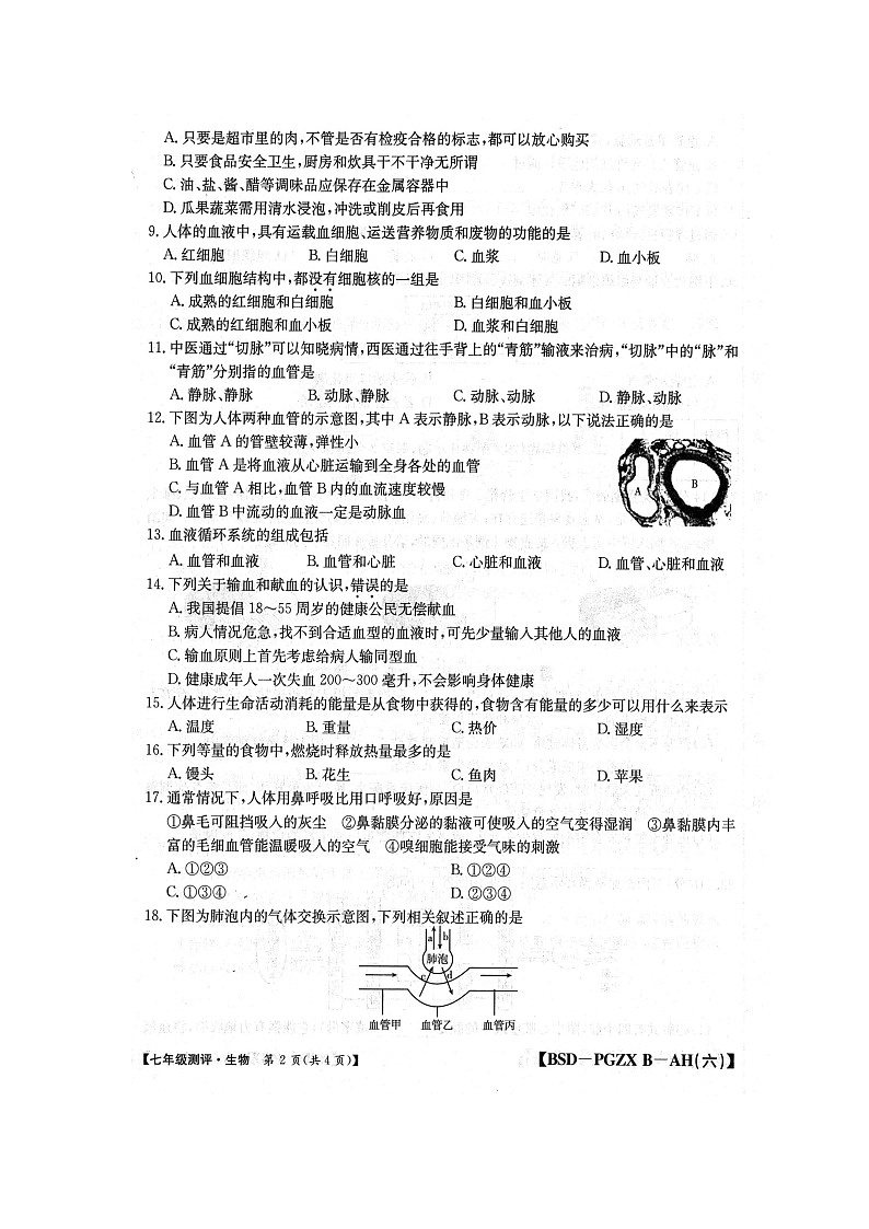 【7生(BS)期中】阜阳市颍上县九校联考2024-2025学年七年级下学期4月期中生物试题第2页