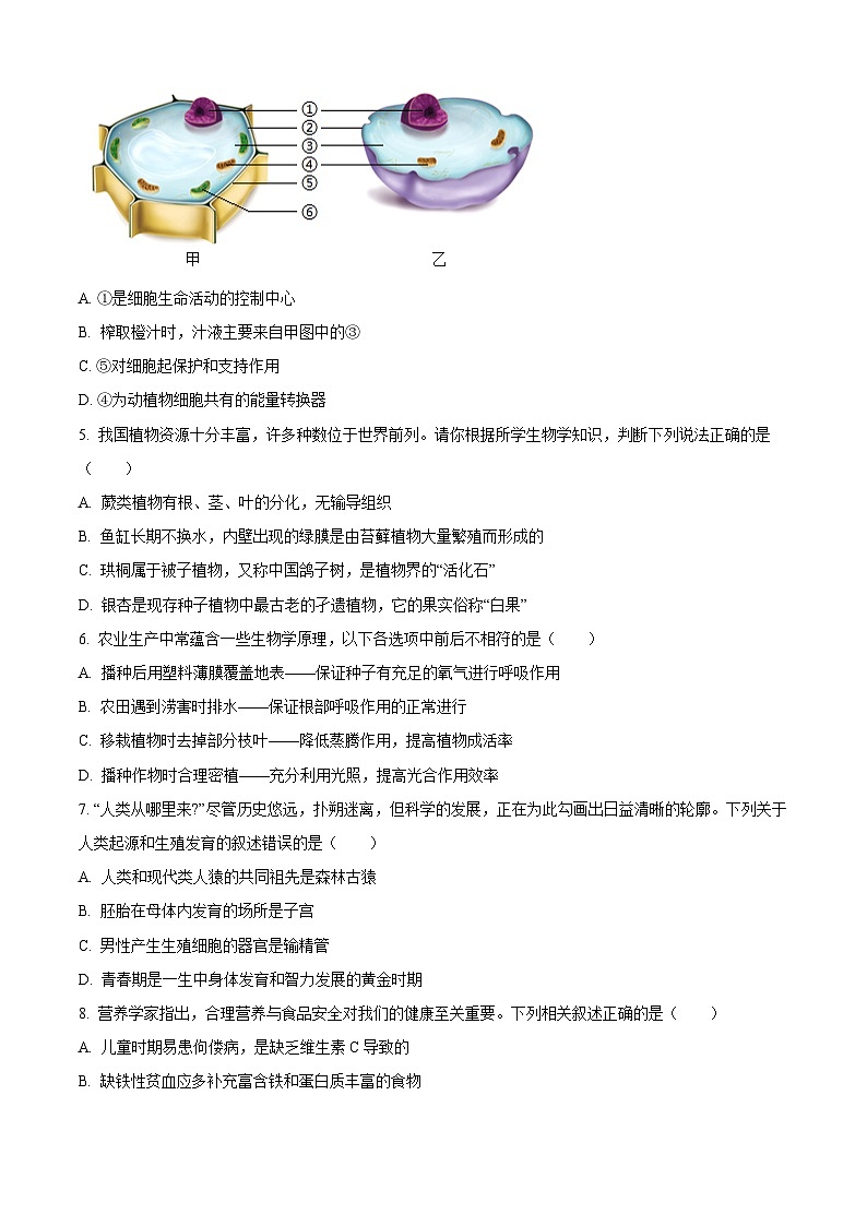 2025年黑龙江省齐齐哈尔市初中学业水平考试中考(会考)生物试卷(真题+答案)第2页