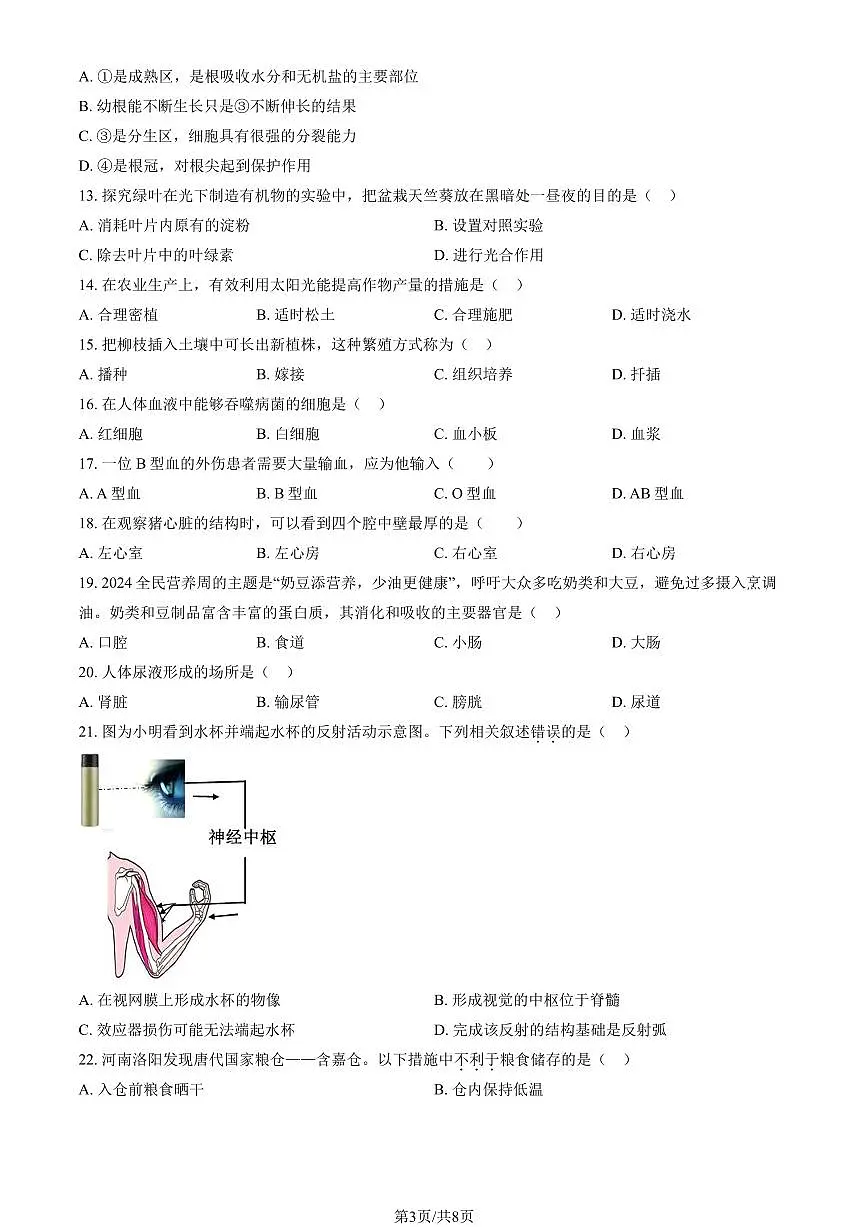2025北京顺义初中学业水平考试生物试卷 有答案第3页