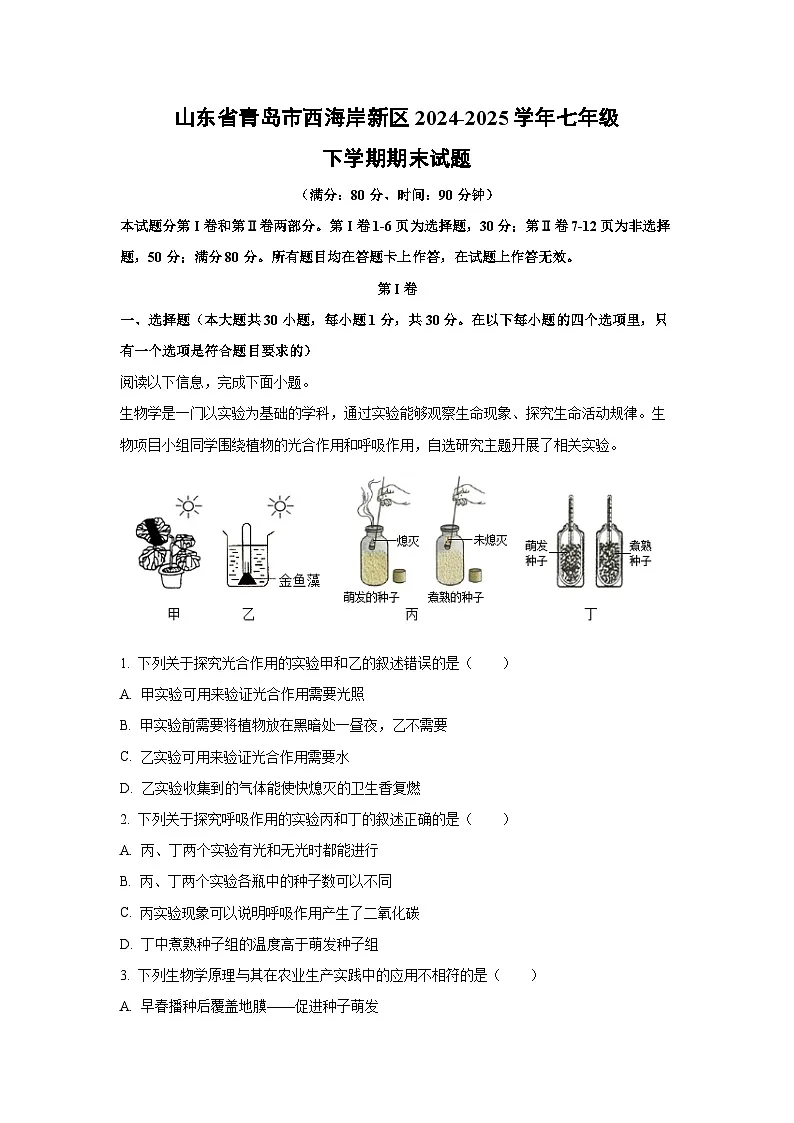 山东省青岛市西海岸新区2024-2025学年七年级下学期期末生物试卷(解析版)第1页
