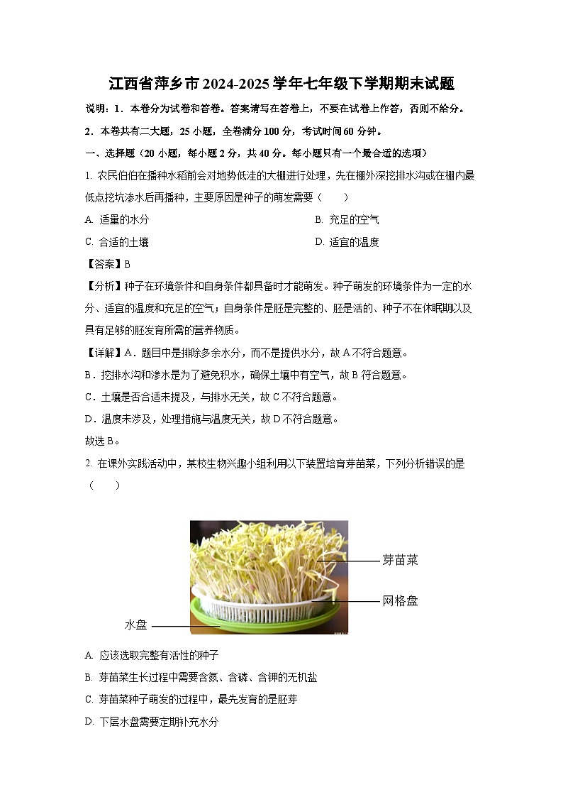 江西省萍乡市2024-2025学年七年级下学期期末生物试卷(解析版)第1页