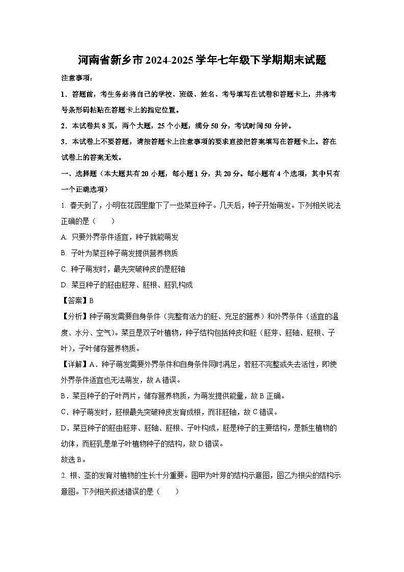 河南省新乡市2024-2025学年七年级下学期期末真题生物试卷(解析版)第1页