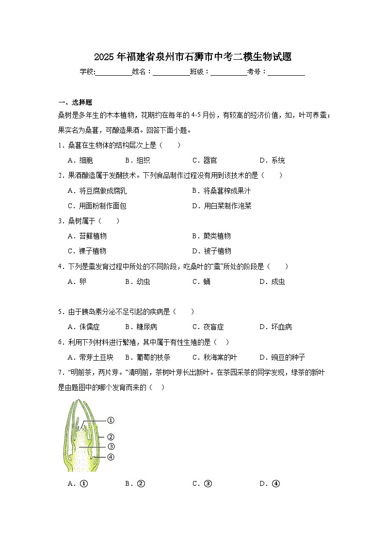 2025年福建省泉州市石狮市中考二模生物试题(附答案解析)第1页
