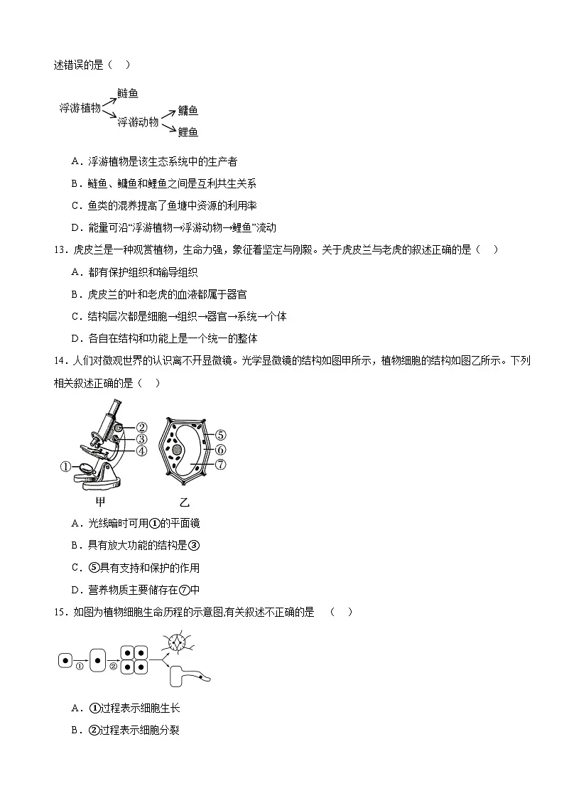 人教版(2024)七年级上册生物第一单元 生物和细胞 章末测试卷(含答案)第3页