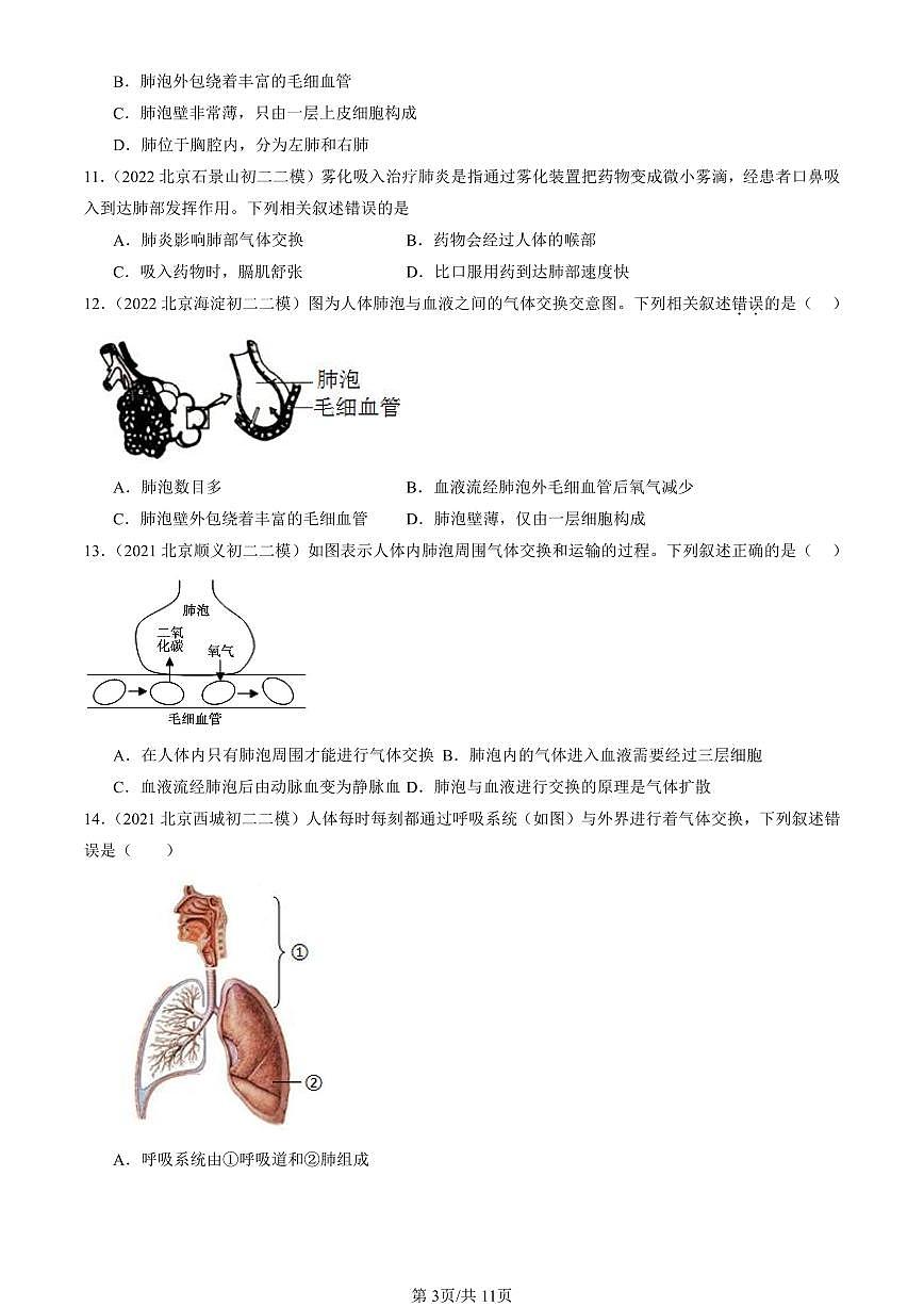 2021-2025北京初二二模生物汇编:发生在肺内的气体交换试卷 有解析第3页