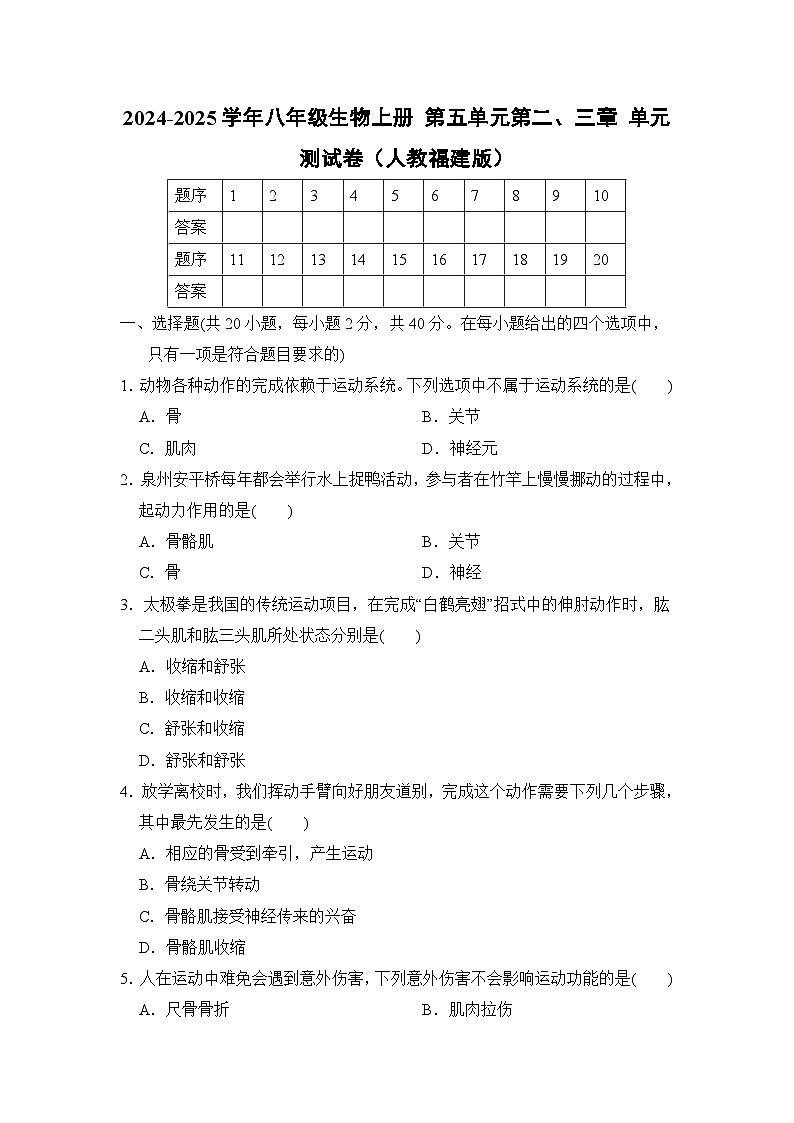 2024-2025学年八年级生物上册 第五单元第二、三章 单元测试卷(人教福建版)第1页
