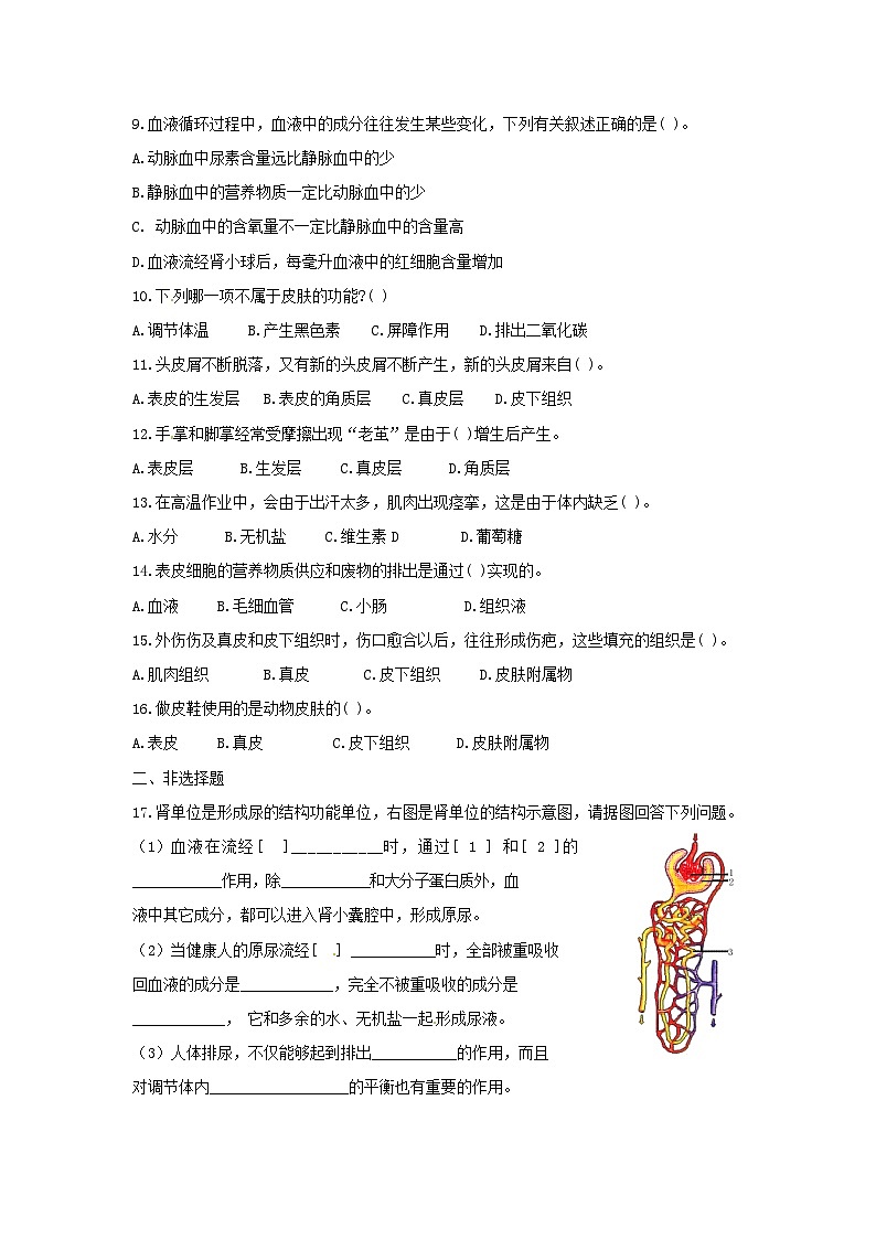 新人教版七年級下冊生物人體內(nèi)廢物的排出單元測試題含答案第2頁