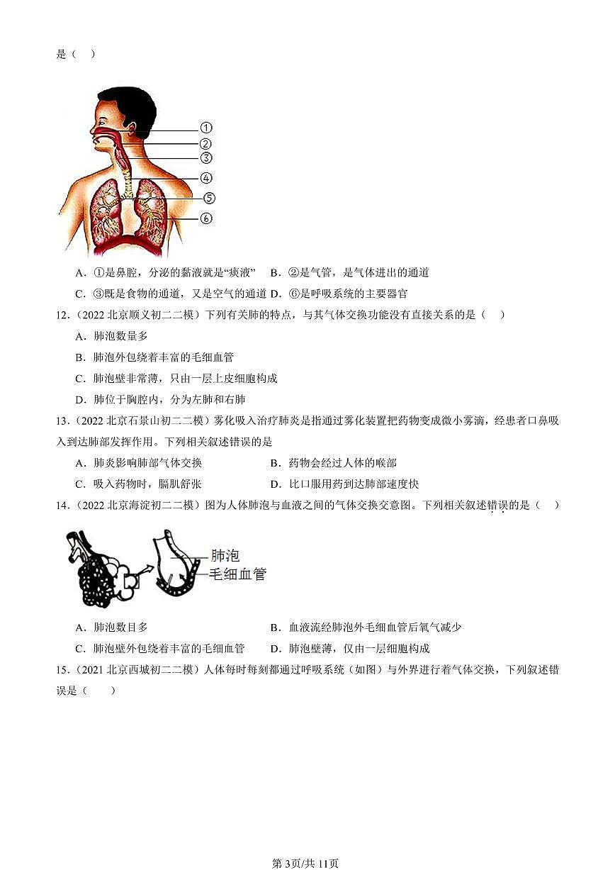 2021-2025北京初二二模生物汇编:人的呼吸(京改版)有解析第3页