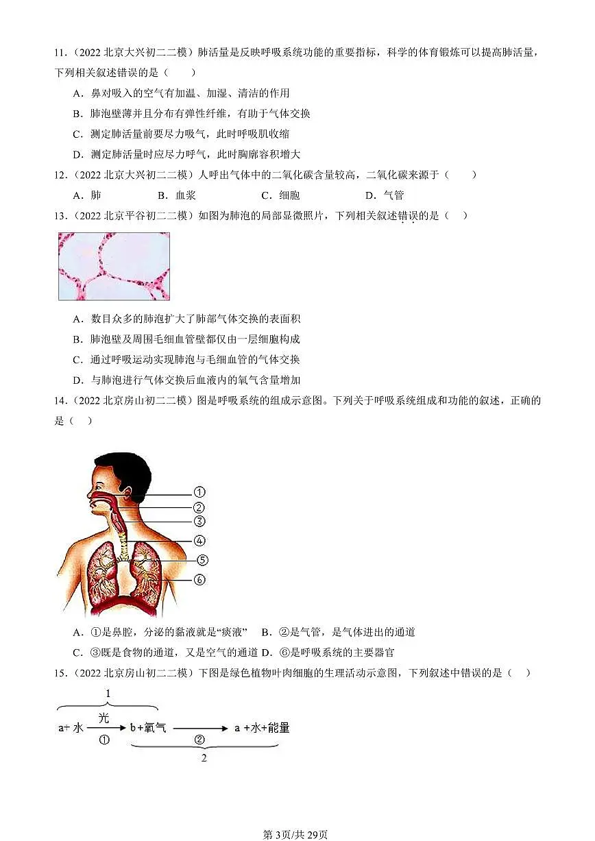 2021-2025北京初二二模生物汇编:生物的呼吸章节综合(京改版)有解析第3页