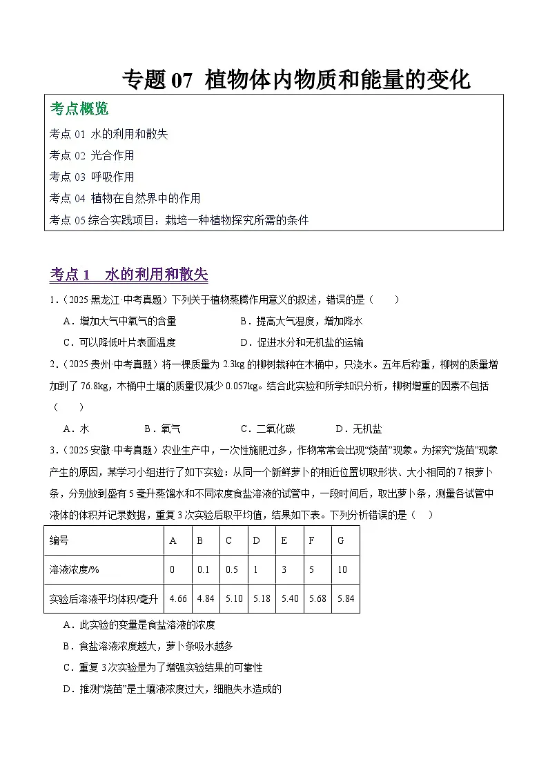 2025年中考生物真题分类汇编:专题07 植物体内物质和能量的变化(全国通用)(第01期)(原卷版)第1页