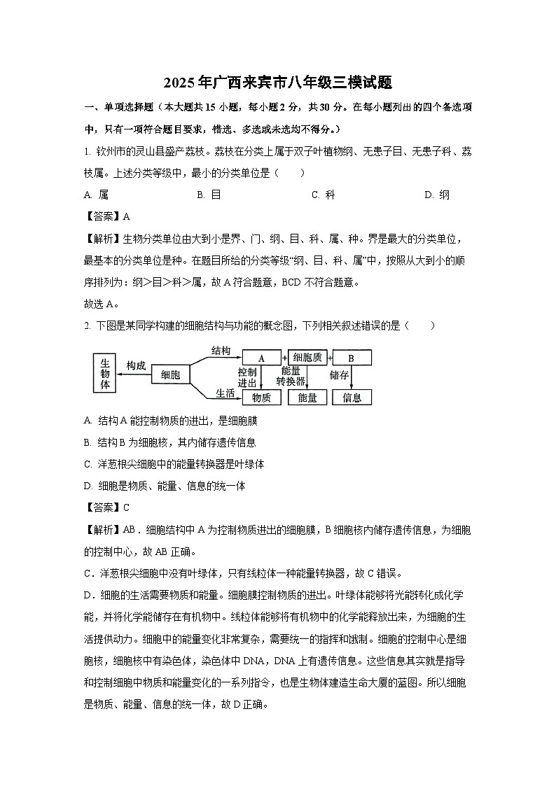 【生物】2025年广西来宾市八年级三模试题(解析版)第1页