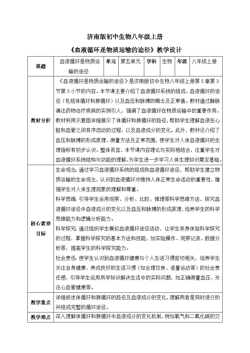 【核心素养目标】济南版初中生物八年级上册5.3.3《血液循环是物质运输的途径》教案(表格式)第1页