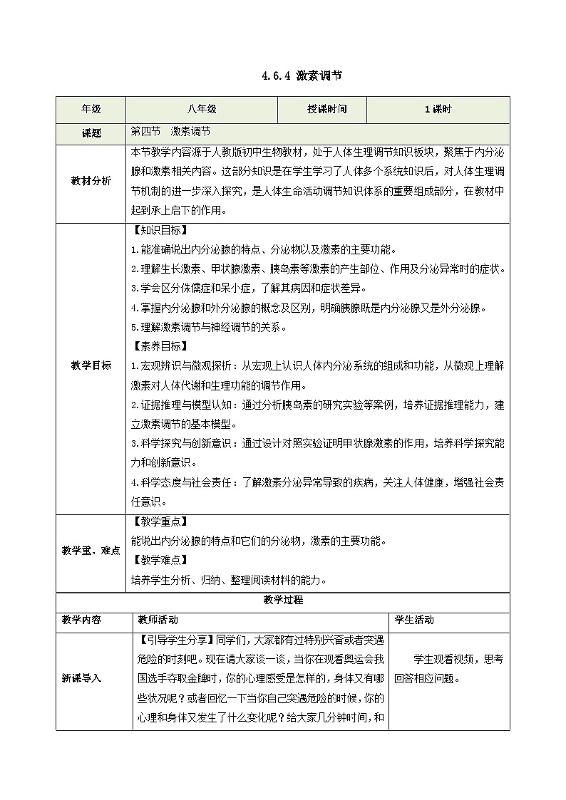 人教版生物八年級(jí)上冊(cè) 4.6.4 激素調(diào)節(jié) 同步教案第1頁