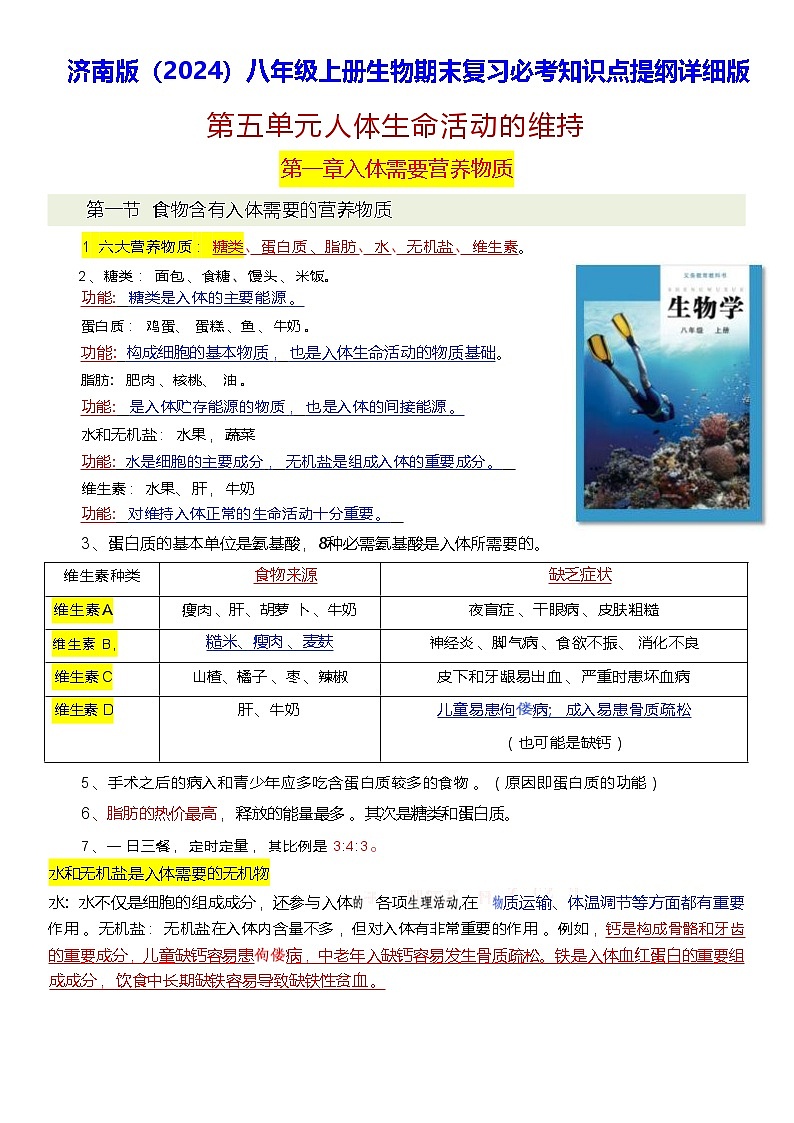 济南版(2024)八年级上册生物期末复习必考知识点提纲详细版 学案第1页