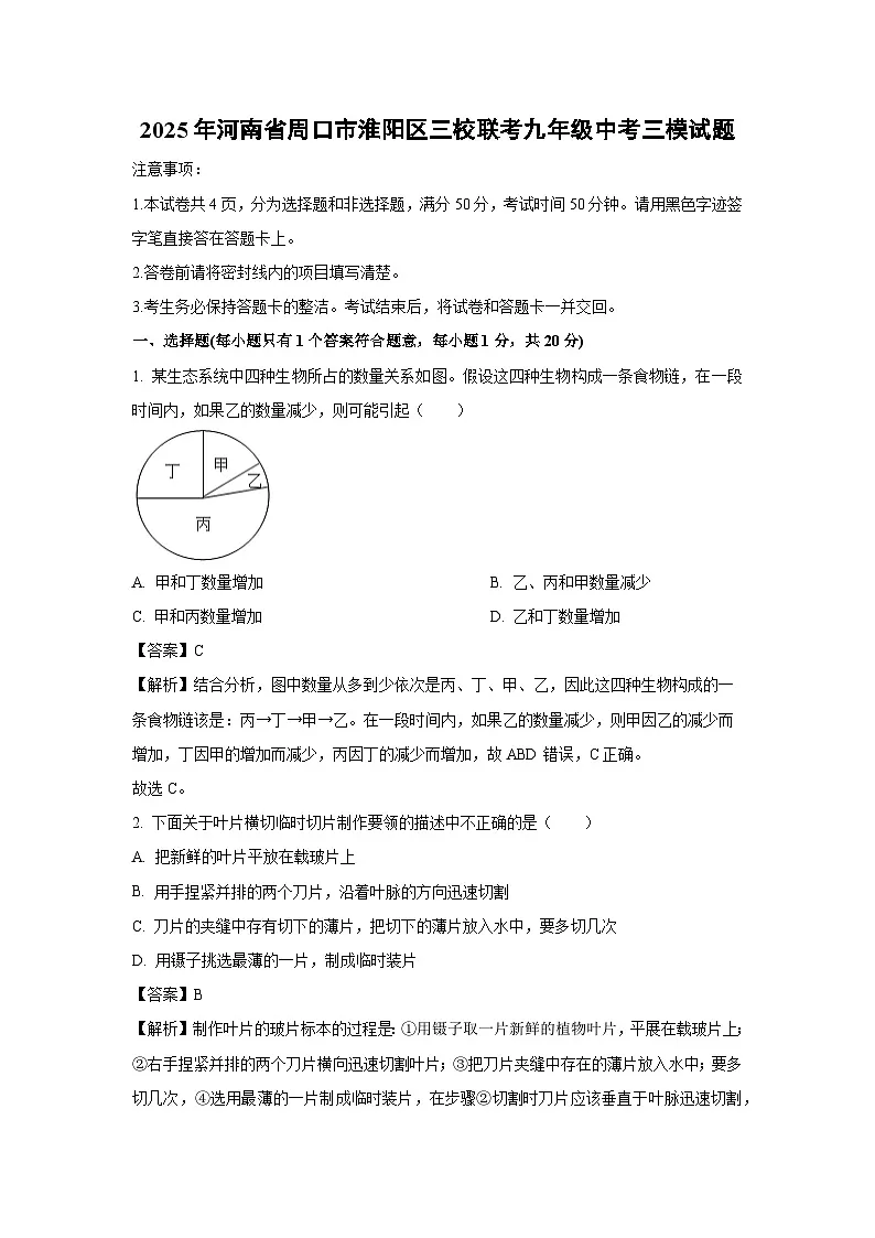 2025年河南省周口市淮阳区三校联考九年级中考三模生物试题(解析版)第1页